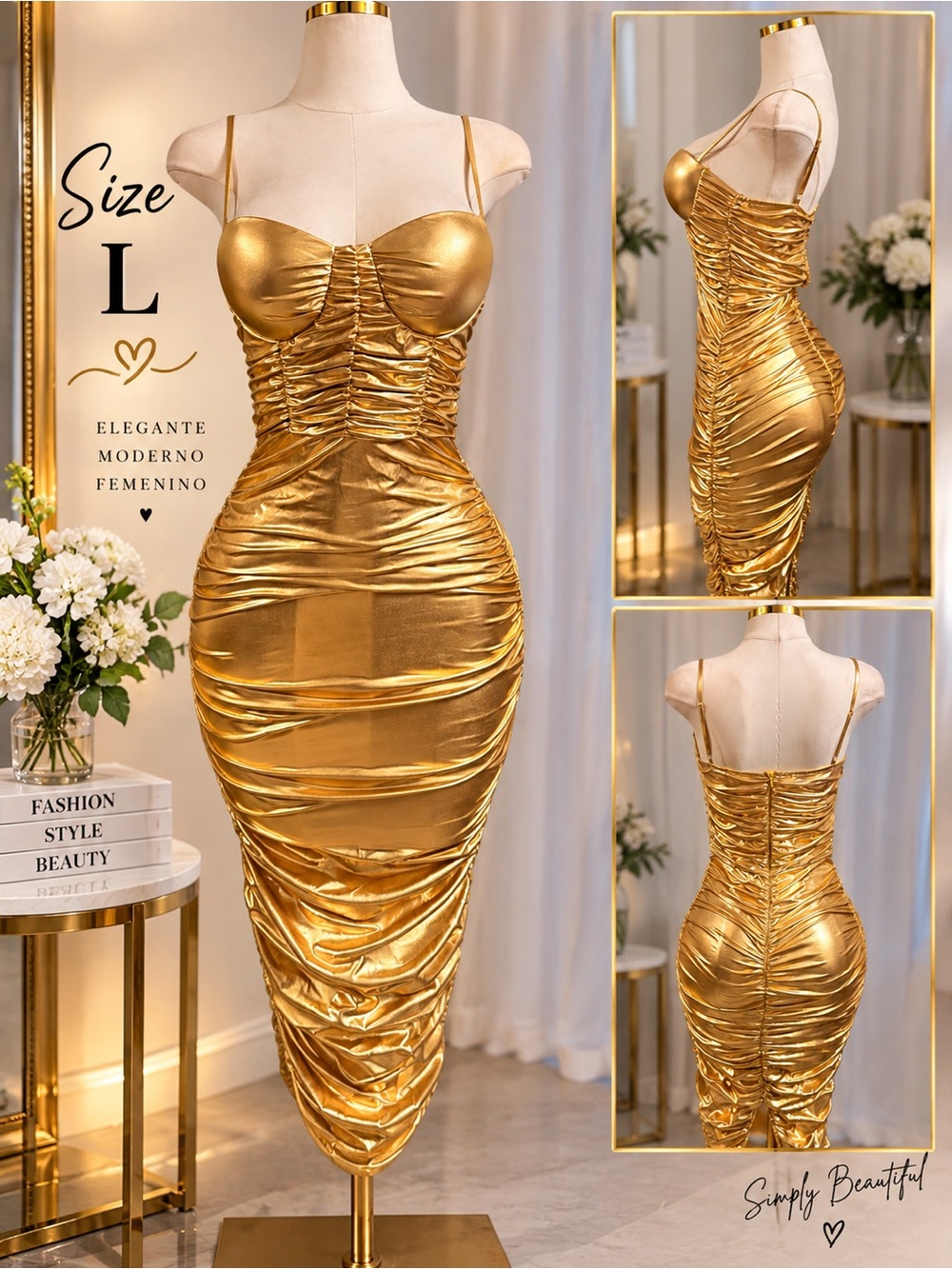 Gold Ruched Midi Bodycon Dress with Spaghetti Straps
